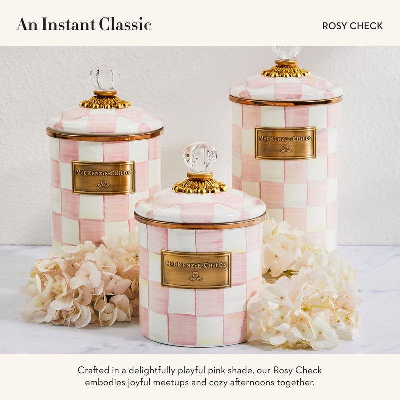 mackenzie childs MACKENZIE-CHILDS Rosy Check Enamel Canister, Pink-and-White Kitchen Storage Container with Lid, Medium - Image 5