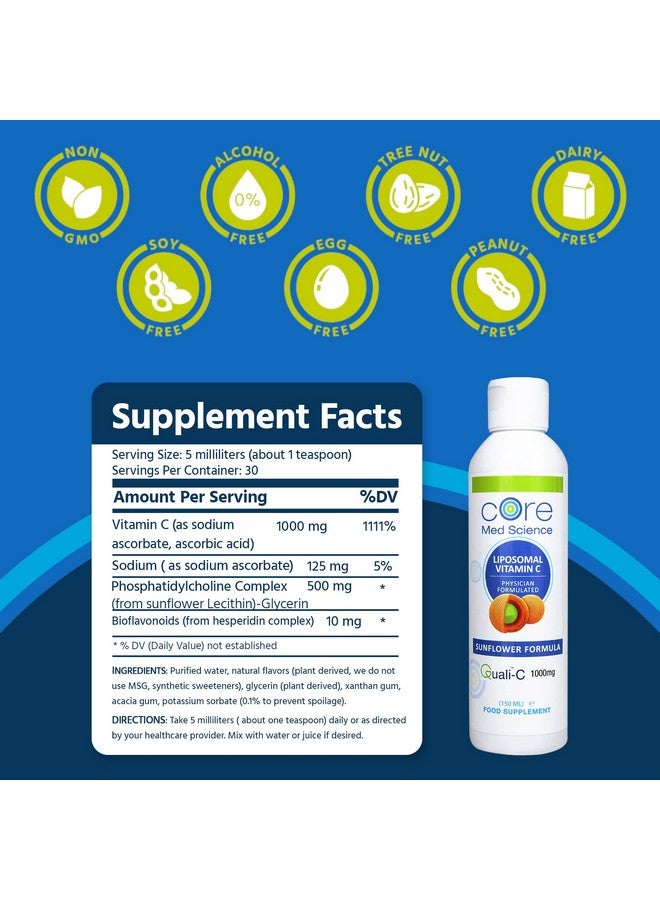 كور ميد ساينس Core Med Science Liposomal Vitamin C 1000mg Liquid - Sunflower Formula, 5 Fl Oz - مكمل غذائي طبيعي من فيتامين C Liposomal غير معدّل وراثيًا - معزز لجهاز المناعة للبالغين - يدعم تكوين الكولاجين - Image 3