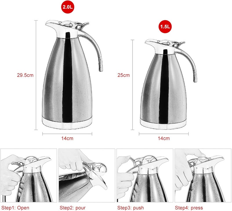 Double Wall Vacuum Insulated Stainless Steel Coffee Tea Pot, Thermo Jug Hot Water Bottle for Brewing, Serving and Keeping Beverage Hot ﻿ (2L) - Image 1