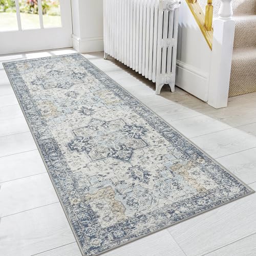 GENIMO Runner Rug 2x5, Machine Washable Non Slip Vintage Runner Rug, Low Pile Lighrweight Rugs for Entryway, Hallway, Kitchen and Corridor, Blue - Image 1
