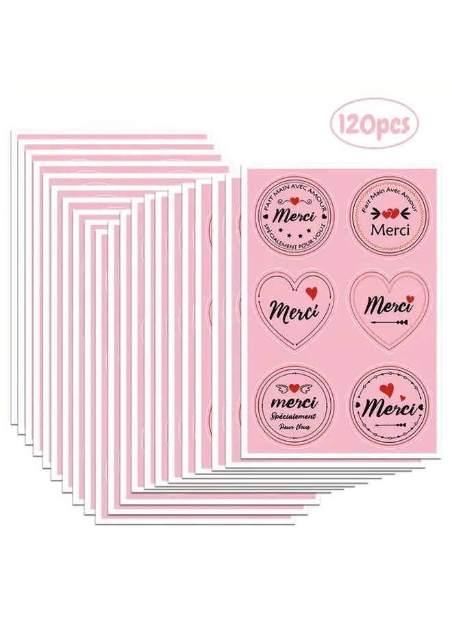 120pcs Pink French Thank You Stickers Elegant Heart Floral Designs Paper Gift Wrap Seals - Image 1
