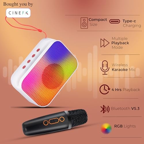 CINEFX'S Portable Karaoke System with Wireless Microphone, Bluetooth 5.0 Speaker, RGB Lights, Type-C Charging, 4 Hours Playback, 5 Voice Changing Modes, (Multicolours) - Image 5