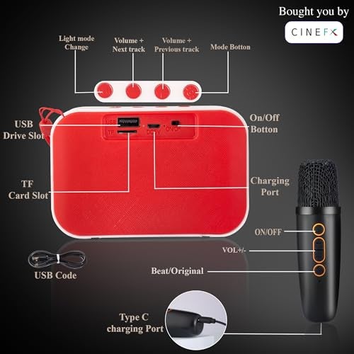 CINEFX'S Portable Karaoke System with Wireless Microphone, Bluetooth 5.0 Speaker, RGB Lights, Type-C Charging, 4 Hours Playback, 5 Voice Changing Modes, (Multicolours) - Image 3