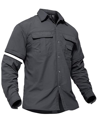 TACVASEN Men's Long Sleeve Tactical Shirts with Pocket Dry Fit Cooling Button Up Safari Shirts for Outdoor Work Hiking Gray, S - Image 1