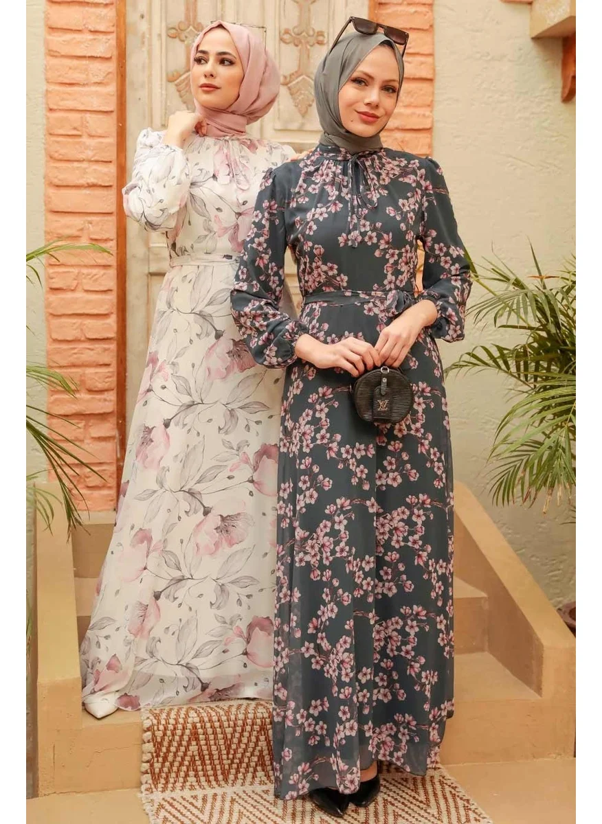 Neva Style - Floral Patterned Ecru Hijab Dress 279017E