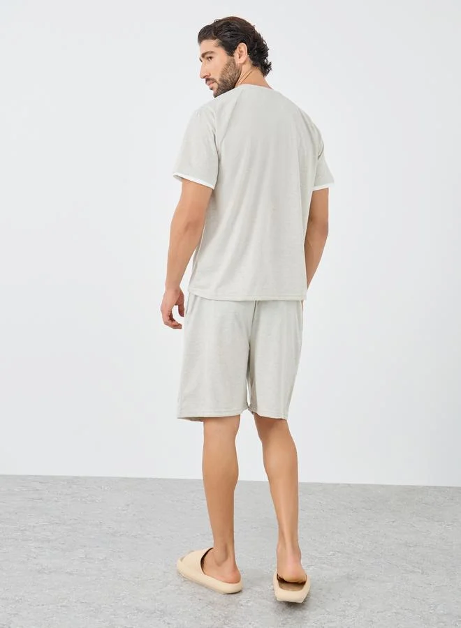 Styli Styli Grey Woven Badge Detail T-Shirt and Shorts Set