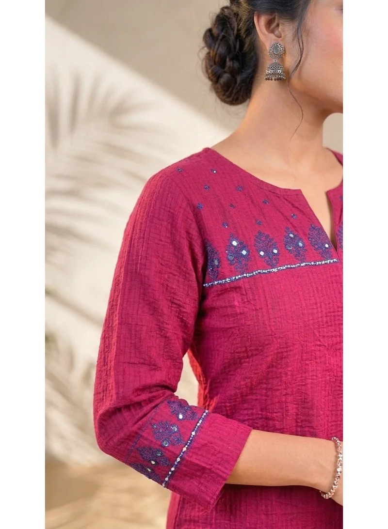 Thugfit  Premium Cotton Slub Solid Kurta Set with V-Neckline Embroidery and Straight Matching Trousers (2-Piece Co-ord Set, Maroon) for Women | Best Price UAE
