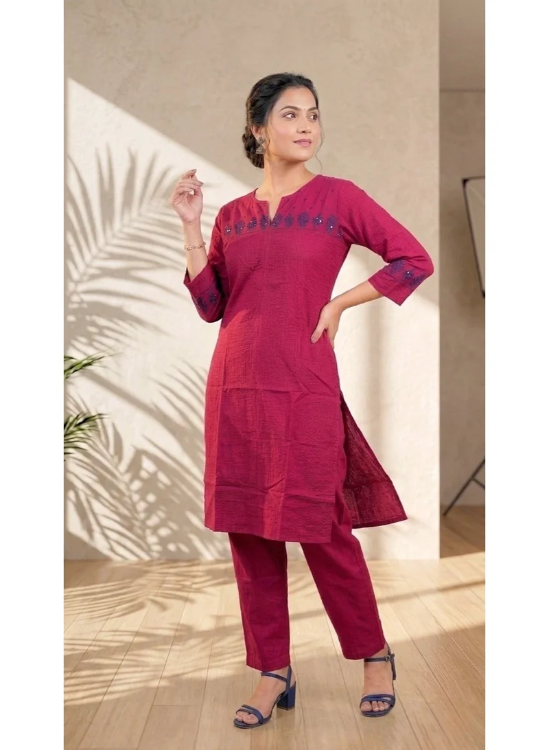 Premium Cotton Slub Solid Kurta Set with V-Neckline Embroidery and Straight Matching Trousers (2-Piece Co-ord Set, Maroon)