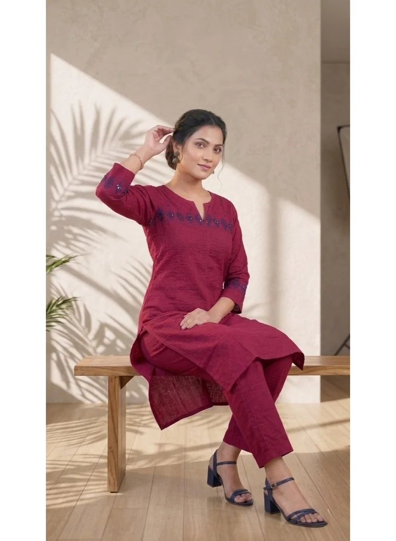 THUGFIT Premium Cotton Slub Solid Kurta Set with V-Neckline Embroidery and Straight Matching Trousers (2-Piece Co-ord Set, Maroon)