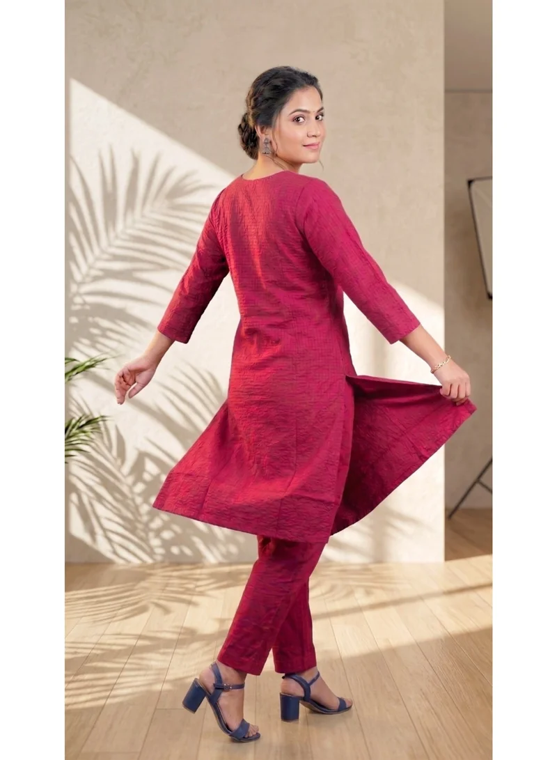 Thugfit  Premium Cotton Slub Solid Kurta Set with V-Neckline Embroidery and Straight Matching Trousers (2-Piece Co-ord Set, Maroon) for Women | Best Price UAE
