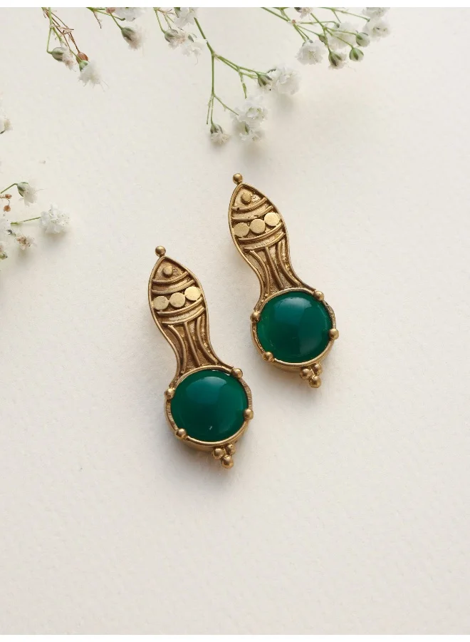 trueBrowns Brass Green Stone Abstarct Earrings