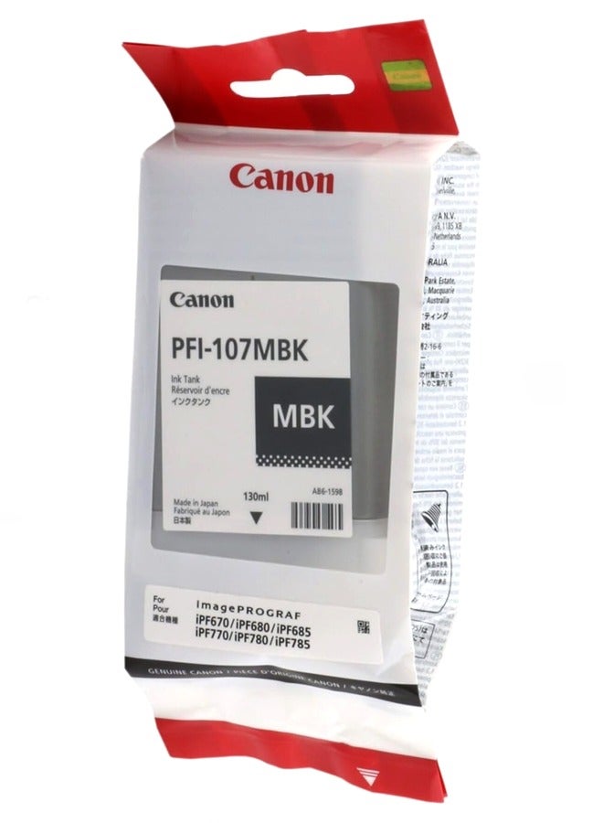 كانون خراطيش حبر PFI-107MBK باللون الأسود غير اللامع، 130 مل متوافقة مع طابعات imagePROGRAF IPF 770/ iPF680/685/780/785 (عبوة واحدة) - Image 1