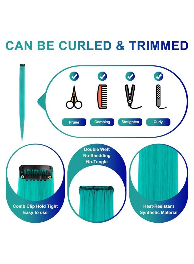 TOFAFA 22 inch Colored Hair Extensions Straight Hairpiece, Multi-colors Party Highlights Clip in Synthetic Hair Extensions for Women Kids Girls(10 PCS Teal Blue) - Image 4