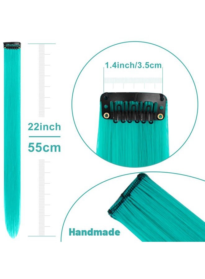 TOFAFA 22 inch Colored Hair Extensions Straight Hairpiece, Multi-colors Party Highlights Clip in Synthetic Hair Extensions for Women Kids Girls(10 PCS Teal Blue) - Image 3