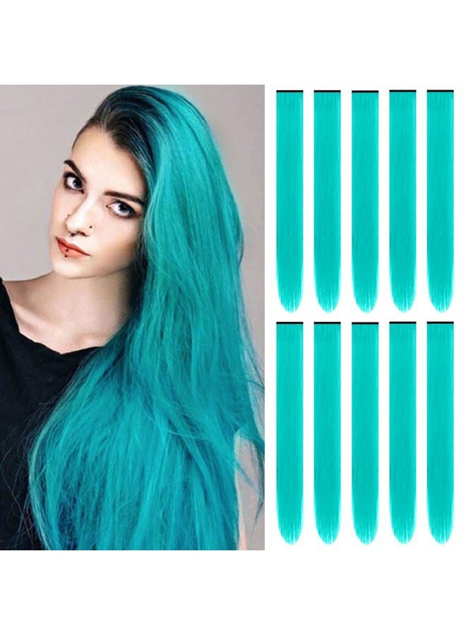 TOFAFA 22 inch Colored Hair Extensions Straight Hairpiece, Multi-colors Party Highlights Clip in Synthetic Hair Extensions for Women Kids Girls(10 PCS Teal Blue) - Image 1