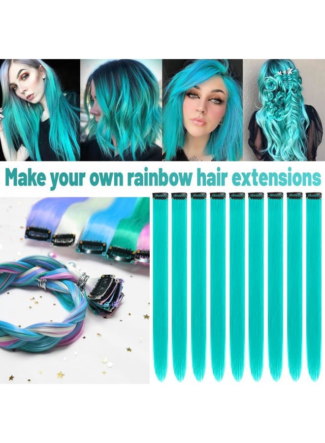 TOFAFA 22 inch Colored Hair Extensions Straight Hairpiece, Multi-colors Party Highlights Clip in Synthetic Hair Extensions for Women Kids Girls(10 PCS Teal Blue) - Image 2