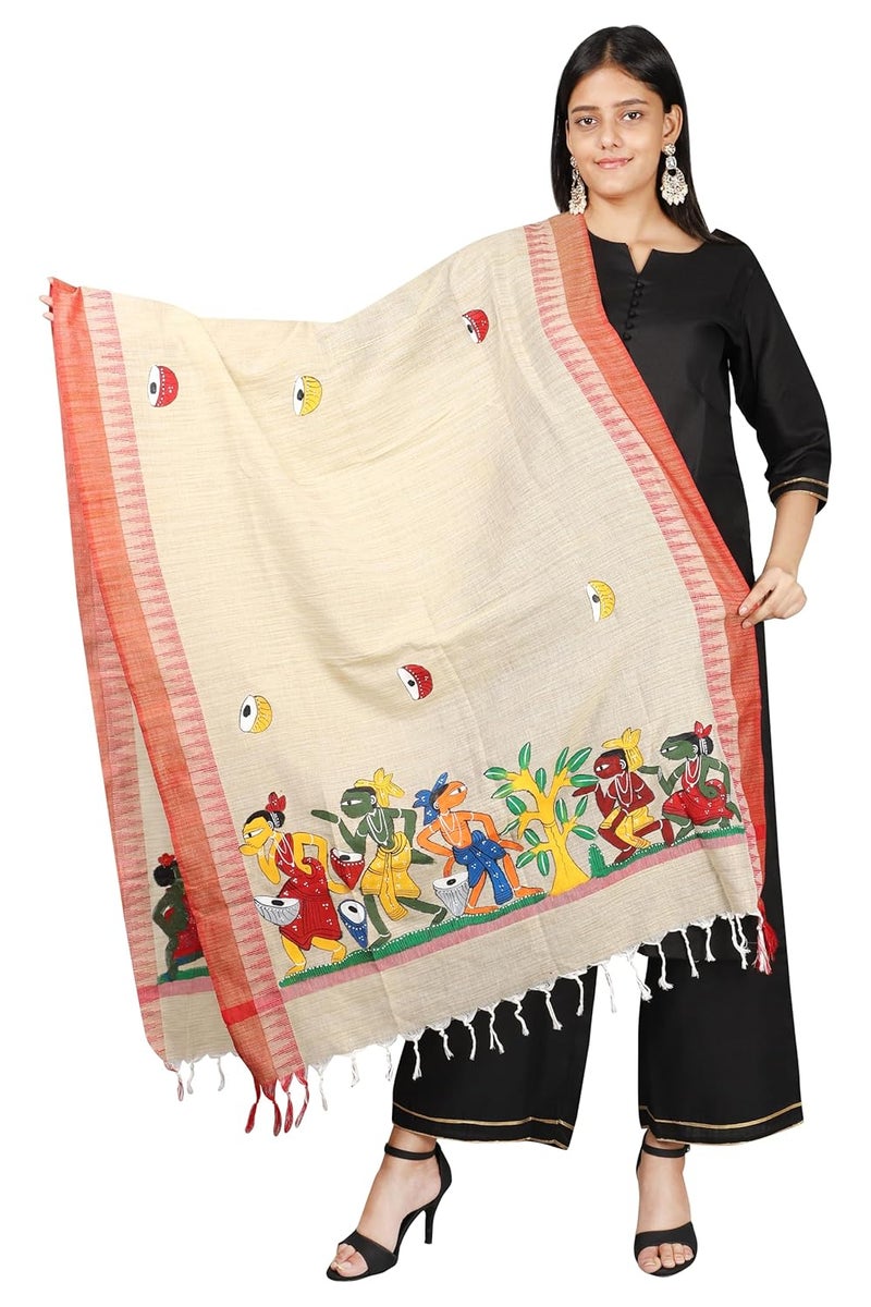DESI PALETTE Girls & Women Hand Painted Patachitra Cotton Dupatta (2.34 Meters) - Image 1