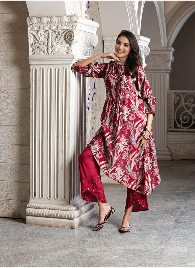 آي شين Palazzo Women Maroon Rayon Kurta Set with Embroidered pattern Tunic and Palazzo features a Round neckline and Three-Fourth Sleeve secured with Elastic closure and styled in Straight Fit ideal for Festive moments — perfect for fashion-forward occasions.