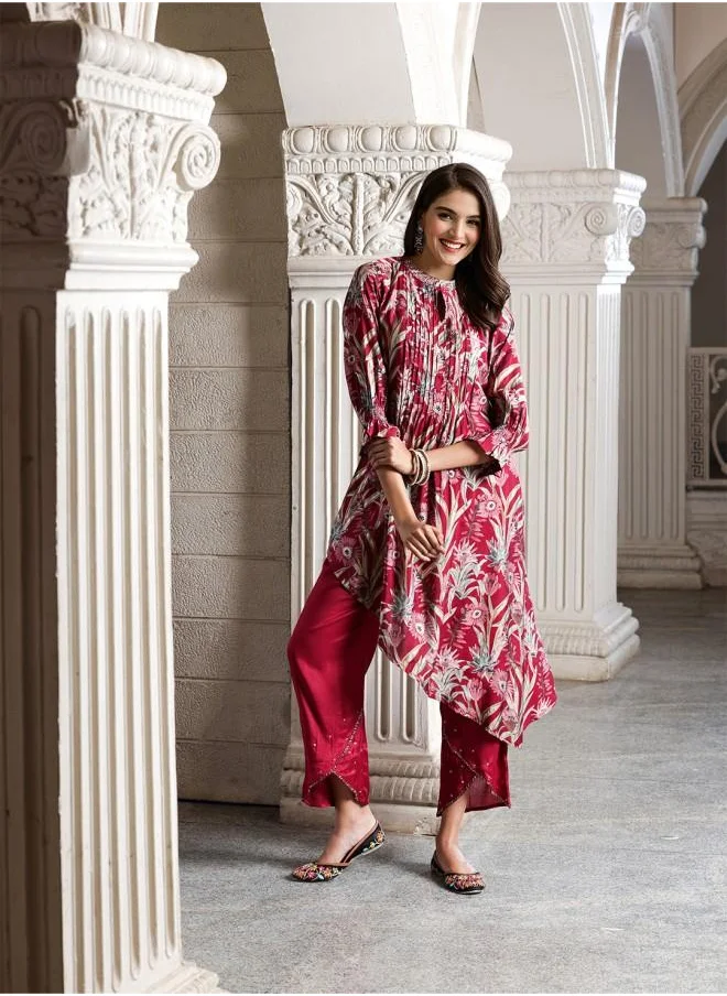 آي شين Palazzo Women Maroon Rayon Kurta Set with Embroidered pattern Tunic and Palazzo features a Round neckline and Three-Fourth Sleeve secured with Elastic closure and styled in Straight Fit ideal for Festive moments — perfect for fashion-forward occasions.