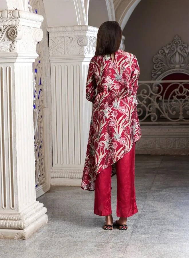 ISHIN Women's Maroon Rayon Embroidered Tunic Full Length Palazzo Straight Fit Kurta Set