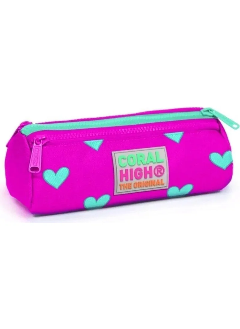 CORAL HIGH Kids Three Compartment Pencil Case Neon Pink Water Green Heart Patterned 22317