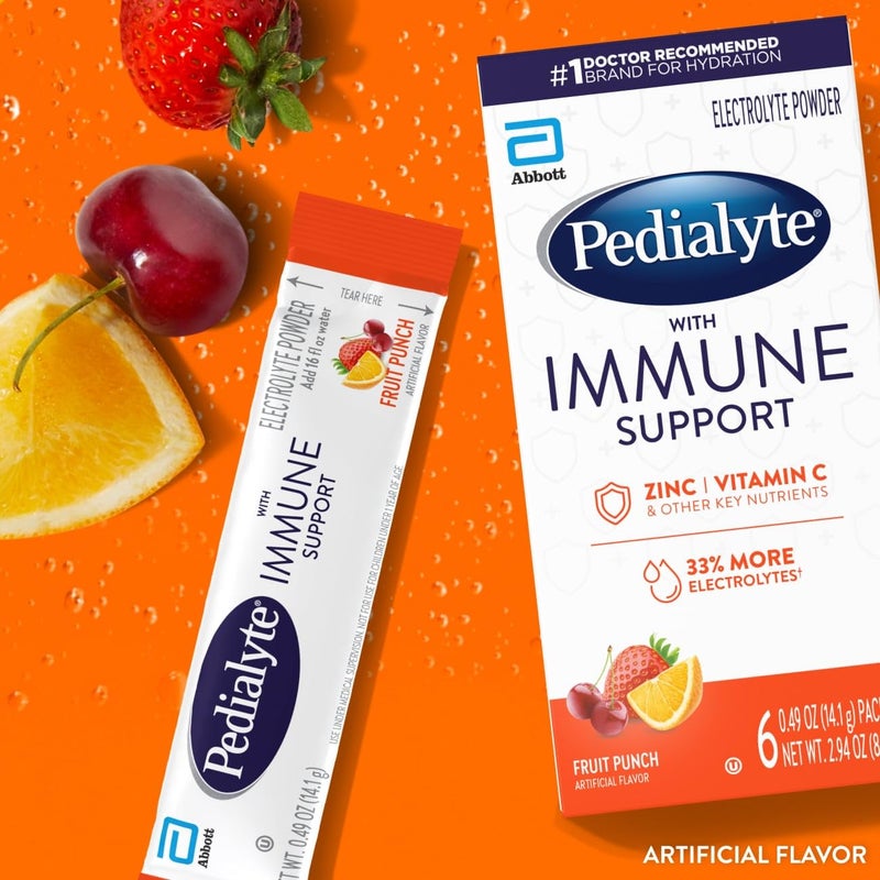 Pedialyte with Immune Support, Electrolyte Drink Powder with Vitamin C and Zinc, Advanced Hydration, Fruit Punch, 36 Powder Packets - Image 2