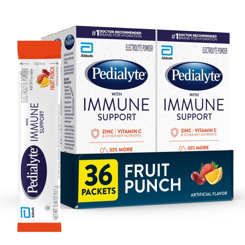 Pedialyte with Immune Support, Electrolyte Drink Powder with Vitamin C and Zinc, Advanced Hydration, Fruit Punch, 36 Powder Packets - Image 1