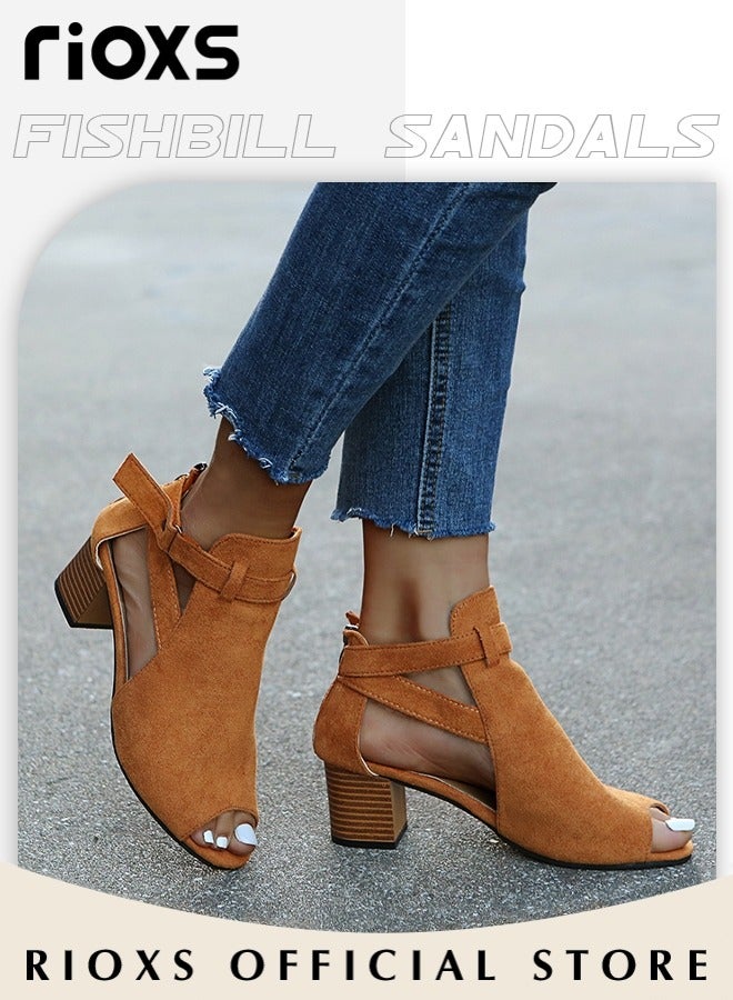 RIOXS Women's Peep Toe Heeled Sandals, Suede Chunky Heel Buckle Sandals with Adjustable Ankle Strap, Fish Mouth Toe Sandals, Chunky Heel Peep Toe Shoes Dress Shoes for  Evening Party Prom Wedding Business, Brown - Image 2