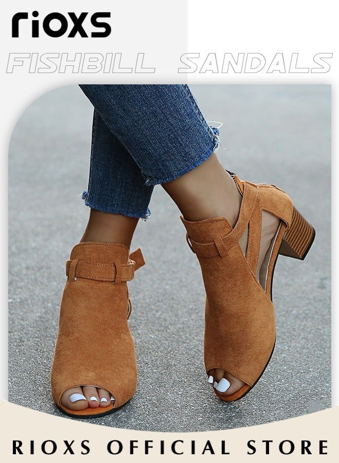 RIOXS Women's Peep Toe Heeled Sandals, Suede Chunky Heel Buckle Sandals with Adjustable Ankle Strap, Fish Mouth Toe Sandals, Chunky Heel Peep Toe Shoes Dress Shoes for  Evening Party Prom Wedding Business, Brown - Image 5