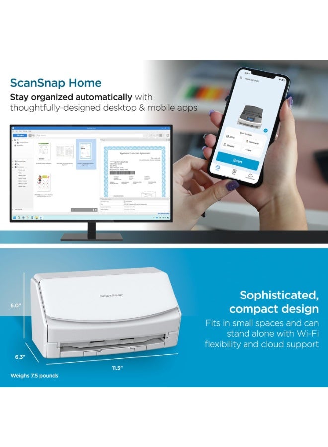 فوجيتسو ماسح ضوئي ScanSnap Fujitsu iX1600 لاسلكي أو USB عالي السرعة يدعم التخزين السحابي للمستندات والصور والإيصالات، مزود بشاشة لمس كبيرة ووحدة تغذية تلقائية للمستندات، متوافق مع أجهزة Mac أو PC، لون أبيض - Image 2