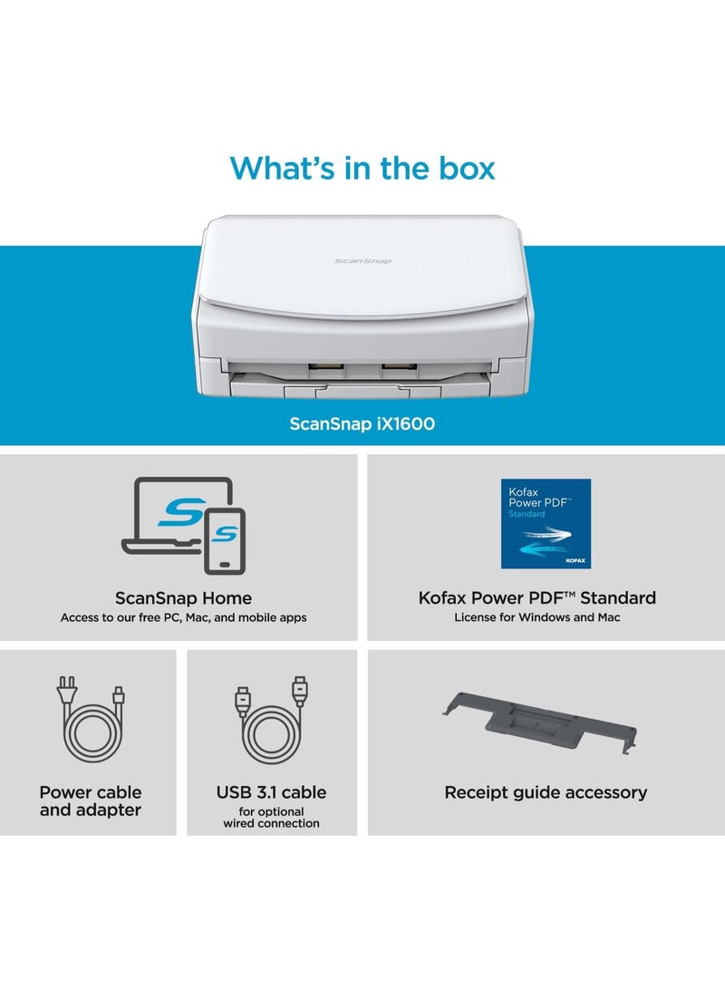 فوجيتسو ماسح ضوئي ScanSnap Fujitsu iX1600 لاسلكي أو USB عالي السرعة يدعم التخزين السحابي للمستندات والصور والإيصالات، مزود بشاشة لمس كبيرة ووحدة تغذية تلقائية للمستندات، متوافق مع أجهزة Mac أو PC، لون أبيض - Image 3
