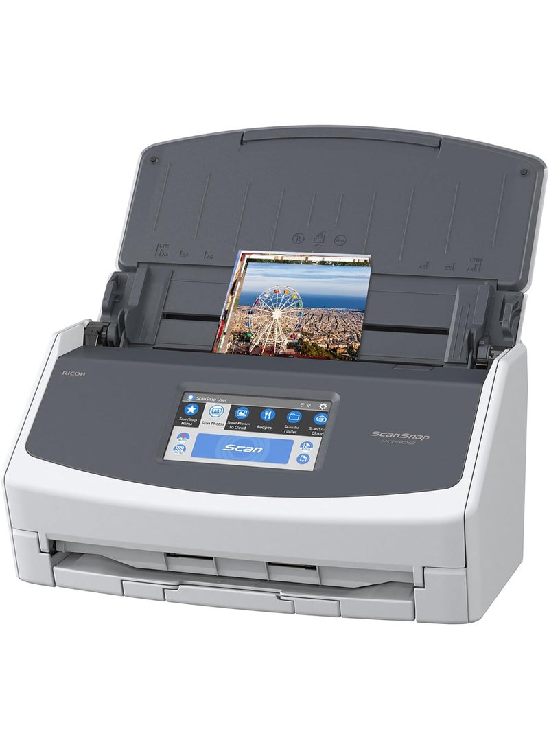 فوجيتسو ماسح ضوئي ScanSnap Fujitsu iX1600 لاسلكي أو USB عالي السرعة يدعم التخزين السحابي للمستندات والصور والإيصالات، مزود بشاشة لمس كبيرة ووحدة تغذية تلقائية للمستندات، متوافق مع أجهزة Mac أو PC، لون أبيض - Image 1
