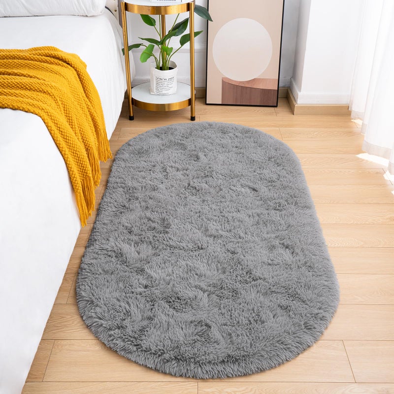 Goideal Fluffy Bedroom Rug, Small Oval Area Rugs, Gray Shag Bedside Carpet for Kids Room Nursery Dorm Cute Fuzzy Indoor Decor for Boy and Girl, 2.6 x 5.3 Feet - Image 1