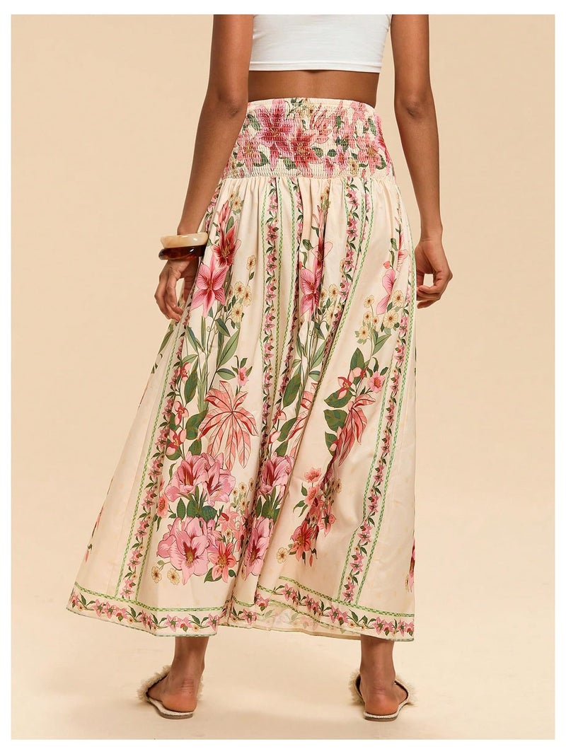 Verdusa Women's Boho Floral Print Maxi Skirt Shirred High Waisted A Line Flowy Long Skirts Multicolor Medium - Image 2