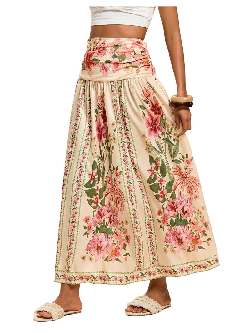 Verdusa Women's Boho Floral Print Maxi Skirt Shirred High Waisted A Line Flowy Long Skirts Multicolor Medium - Image 1
