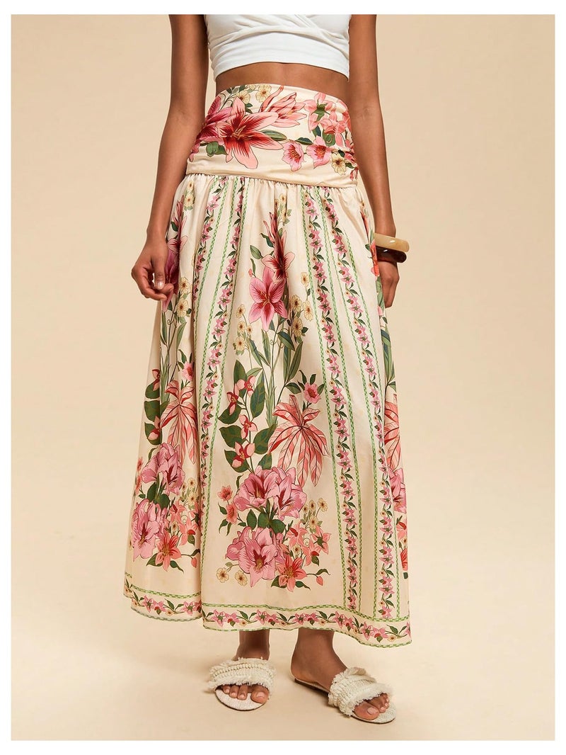 Verdusa Women's Boho Floral Print Maxi Skirt Shirred High Waisted A Line Flowy Long Skirts Multicolor Medium - Image 3