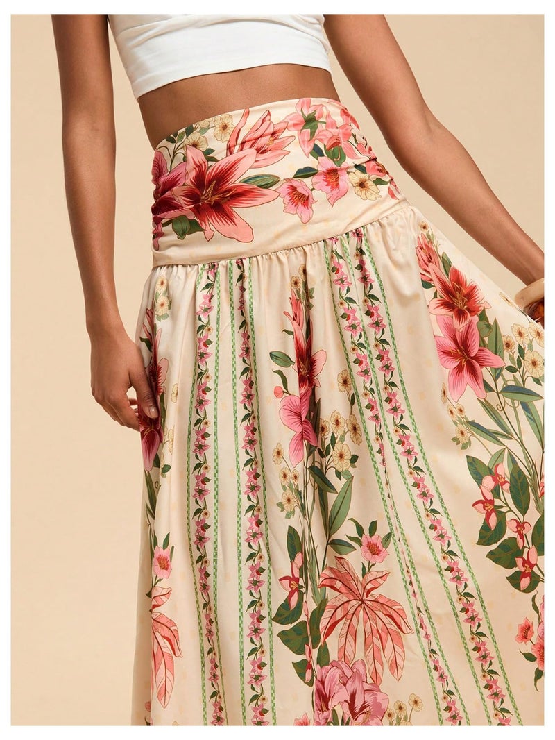 Verdusa Women's Boho Floral Print Maxi Skirt Shirred High Waisted A Line Flowy Long Skirts Multicolor Medium - Image 4