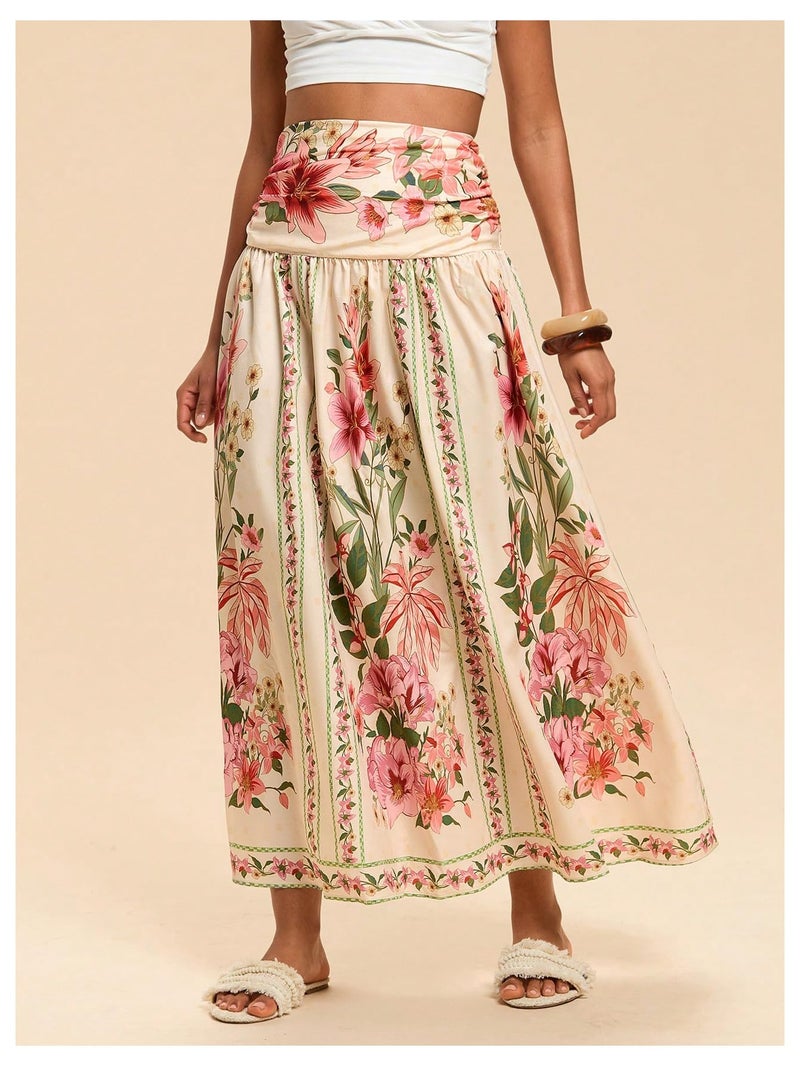 Verdusa Women's Boho Floral Print Maxi Skirt Shirred High Waisted A Line Flowy Long Skirts Multicolor Medium - Image 5