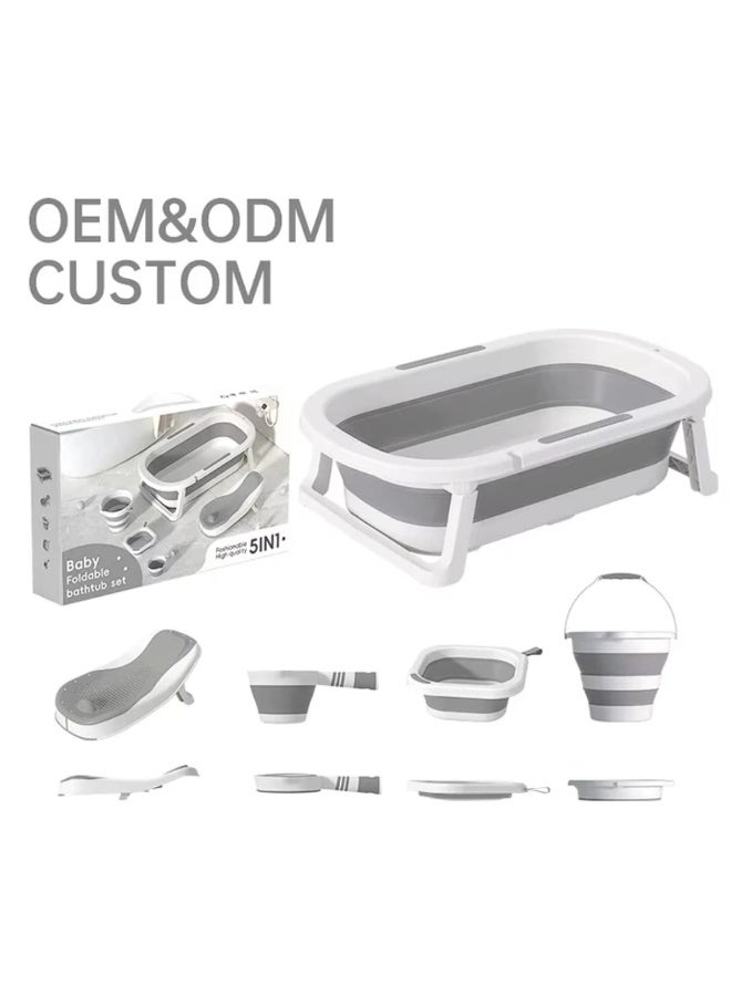 Baby Foldable Bathtub 5-in-1 Set, Collapsible Infant Bath Tub with Non-Slip, Grey and White, Newborn to Toddler - Image 1