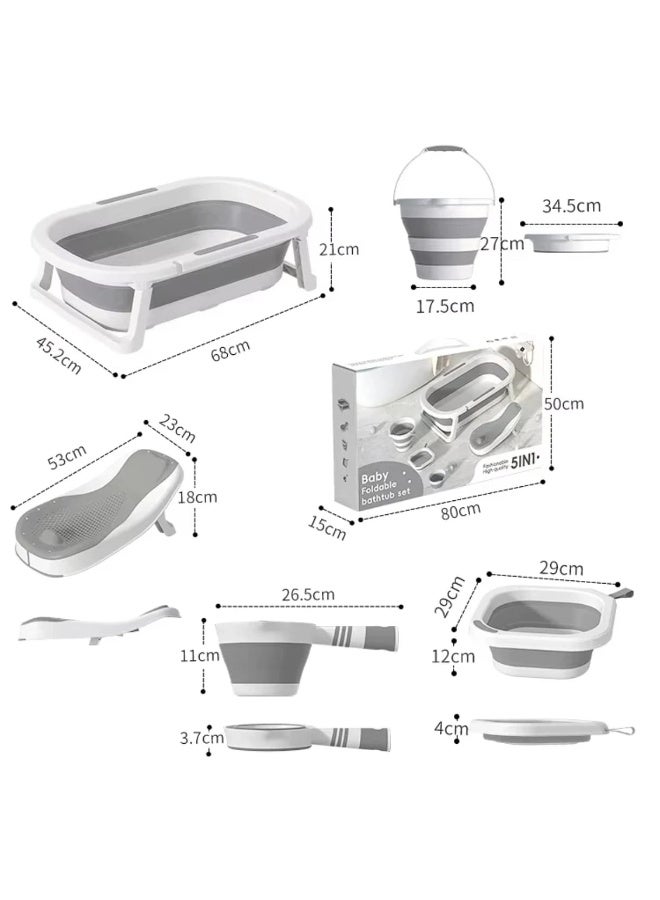 Baby Foldable Bathtub 5-in-1 Set, Collapsible Infant Bath Tub with Non-Slip, Grey and White, Newborn to Toddler - Image 4