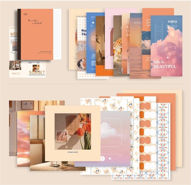 GLADBACK 346Pcs Paper Junk Journal Scrapbook Kit with Creative Decor Journaling Supplies Stationery Stickers A6 Grid Notebook with Graph Ruled Page Gift for Girl Sunset Scrapbook - Image 2