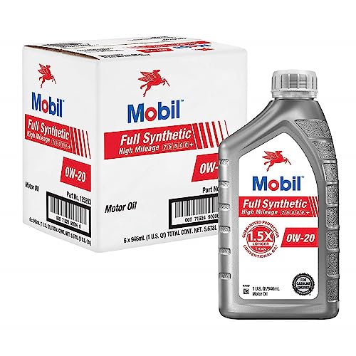 Mobil Full Synthetic High Mileage Motor Oil 0W-20, 1 Quart (6-pack) - Image 1