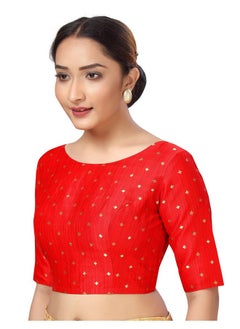 Studio Shringaar Studio Shringaar Women Silky Brocade Readymade Elbow Length Sleeves Saree Blouse(Red, 34)  - Image 2