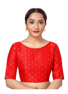 Studio Shringaar Studio Shringaar Women Silky Brocade Readymade Elbow Length Sleeves Saree Blouse(Red, 34)  - Image 1