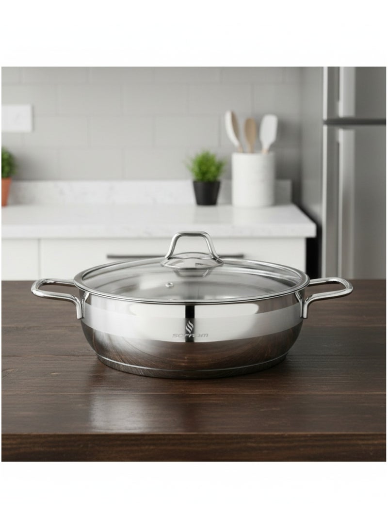 سوفرام قدر طبخ منخفض سوفرام استيل تركي غطاء زجاج مقاس 26 سم - Image 1