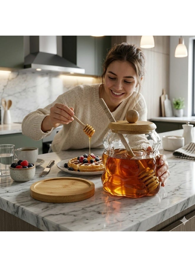 عسالة عسل زجاج بيركس بغطاء خشبي وملعقة بامبو - برطمان عسل أنيق وسهل الاستخدام - Image 1