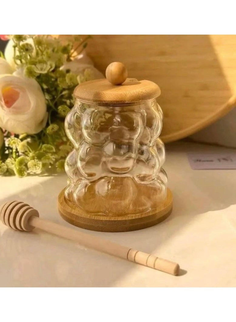 عسالة عسل زجاج بيركس بغطاء خشبي وملعقة بامبو - برطمان عسل أنيق وسهل الاستخدام - Image 4