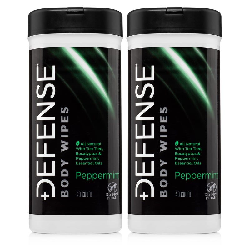 Defense Soap All Natural Peppermint Body Wipes 2PK with Tea Tree Oil Wrestling Combat Camping Gym Post Workout Shower Wipes for Men and Women 40 Count Pack of 2