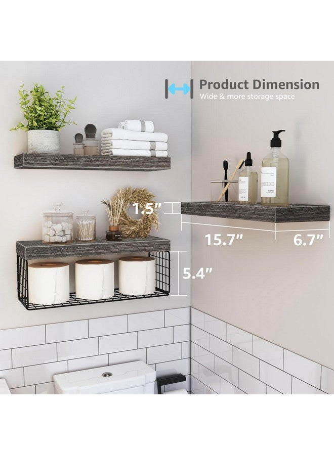QEEIG Bathroom Shelves Over Toilet - Wall Mounted Floating Shelves Toilet Paper Storage Small Farmhouse Decor Shelf 16 inch Set of 3, Grey (019-GY3) - Image 2