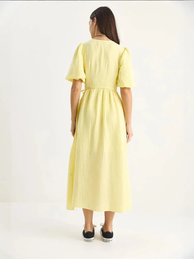 Bianco Lucci Lemon Yellow LUCCI Textured V-neck Midi Dress with Wrap Closure for Women | Best Price UAE